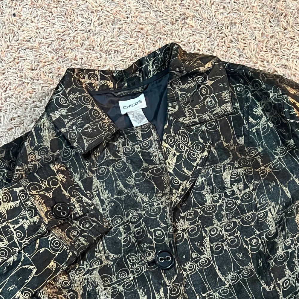 Chicos Sz 2 Abstract Black Gold‎ Owl Print Blazer Jacket Belted Women's Size L